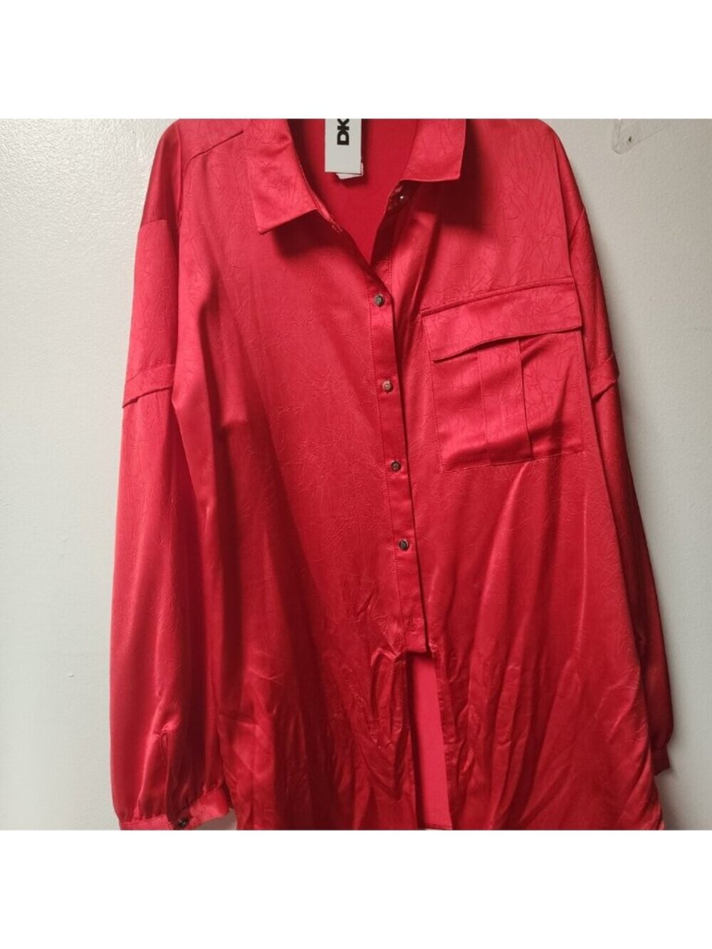 DKNY Red Watermelon Sugar POlyester long sleeve Blouse Large NWT